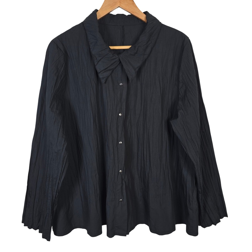 Babette SF Black Pleated Micro-Cotton Snap Front Shirt Large Lagenlook